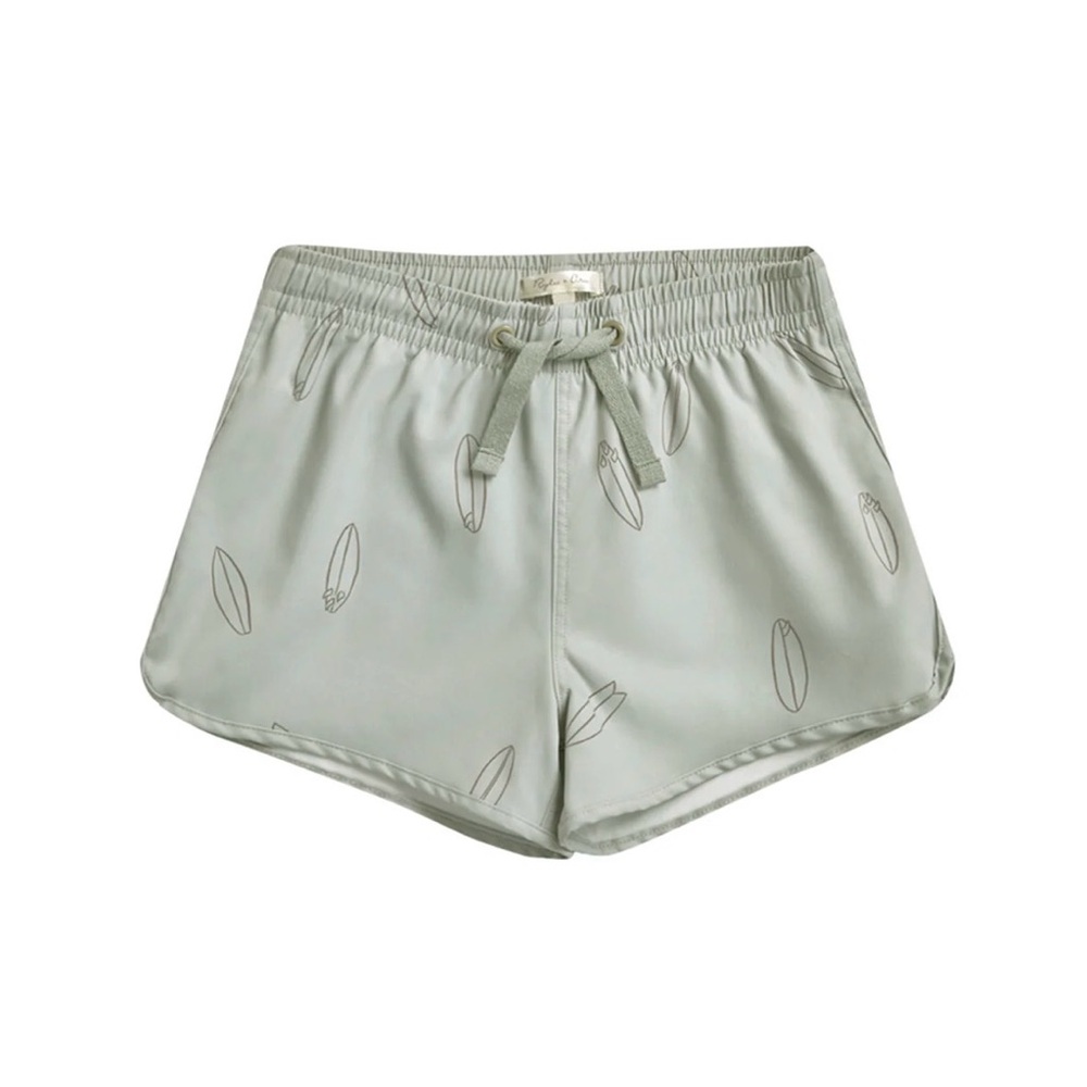 Rylee + Cru Sage Surfboard Print Swim Trunks